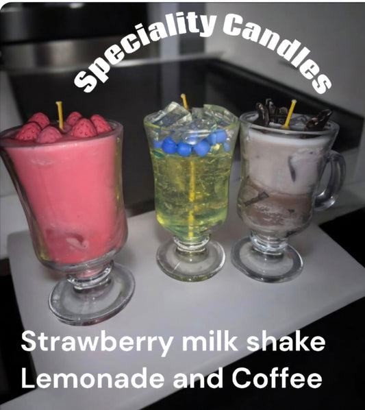 strawberry milkshake, lemonade and coffee